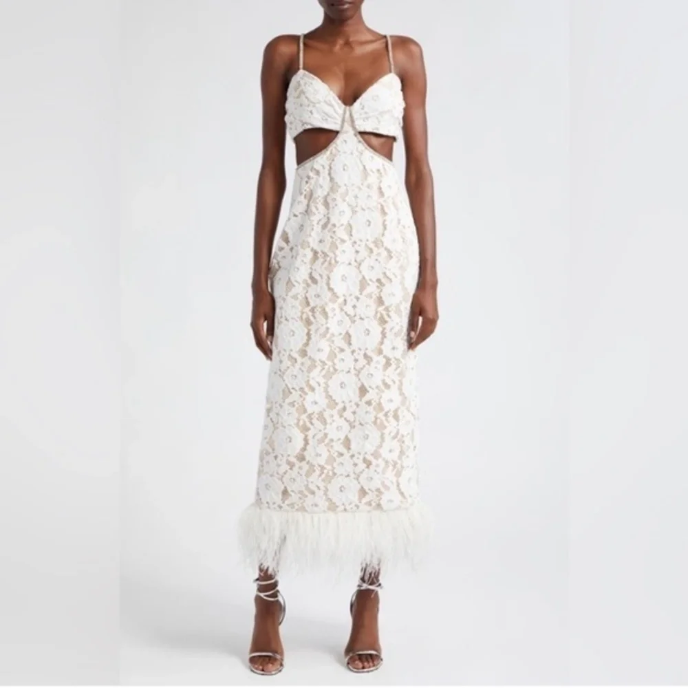 Likely Sarah Cutout Lace Feather Trim Maxi Dress